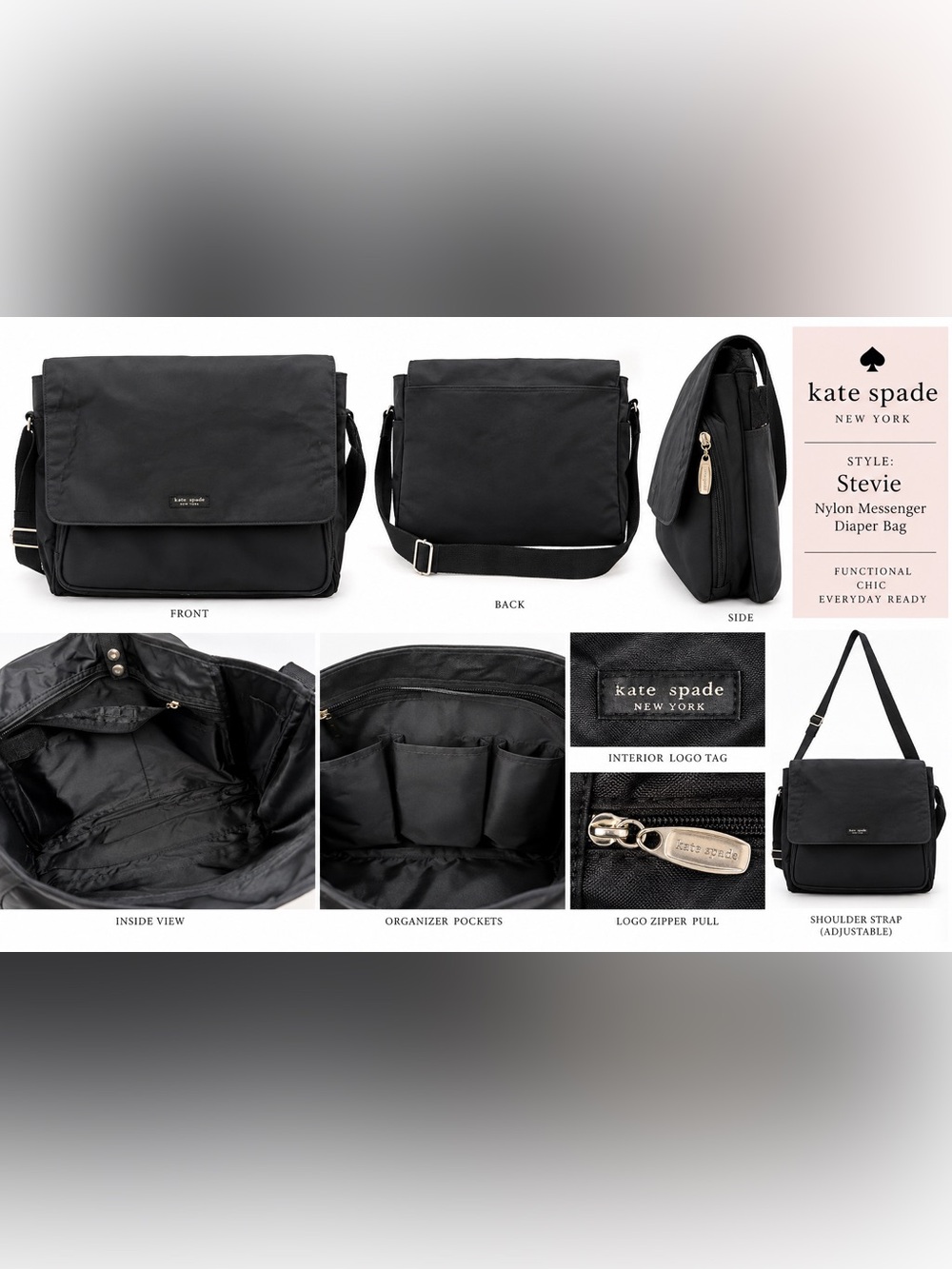 Kate Spade New York Black Nylon Messenger Diaper Baby Bag Crossbody